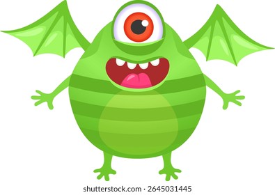 Funny green cartoon monster with one big red eye, bat wings and big smile with tongue out, isolated on white background is laughing out loud