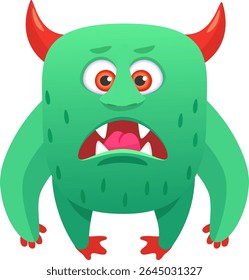 Funny green cartoon monster with vibrant red horns and oversized eyes, roaring and displaying sharp teeth and a playful tongue, perfect for children s illustrations and whimsical designs