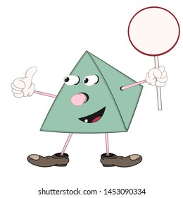funny green cartoon pyramid holds a round plate in his hand, smiles and shows an approval sign with his thumb.