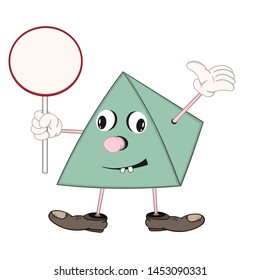 funny green cartoon pyramid in shoes holds a round plate in his hand, smiles and raises his hand.