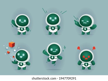 funny Green cartoon robot mascot set