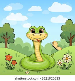 Funny Green Cartoon Snake on Meadow with Trees and Blue Sky. Cute Vector Illustration of an Animal with Red and White Flowers, Grass and Trees.
