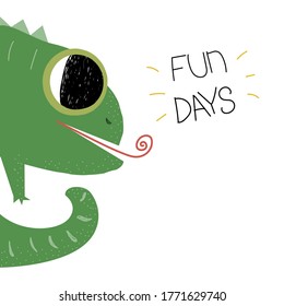 Funny green chameleon. Kids graphic. Vector hand drawn illustration. 