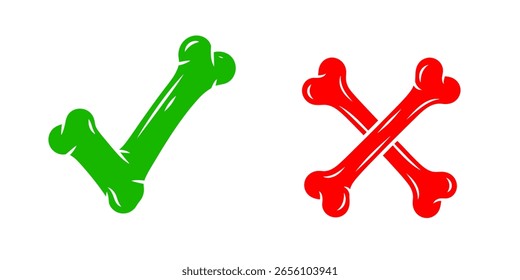 Divertida marca de verificación verde y símbolo de cruz roja hecho de hueso de dibujos animados para el juego ui elemento aceptar opción de rechazo Vector Diseño gráfico icono conjunto