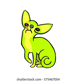 Funny Green Chihuahua Dog Isolated Vector Illustration. Cute Cartoon Fur Character. Contour Freehand Digital Drawing. Cheerful Pet for Web Icons and Shirt. 