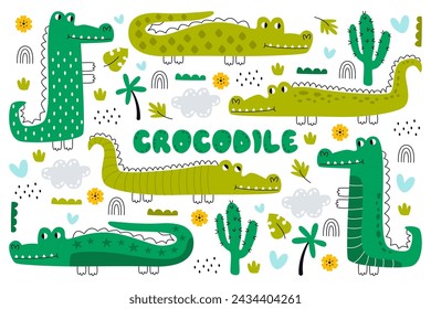 Funny green childish crocodiles cartoon characters cute predator animals set vector illustration. Kawaii baby alligator jungle creature collection for wallpaper design or pretty print elements