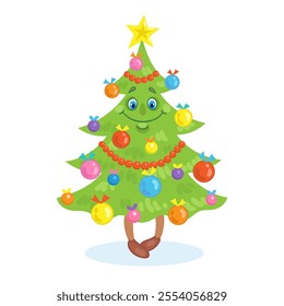 Funny green Christmas tree. Decorated with glass balls, gold star and red beads. In cartoon style. Isolated on white background. Vector flat illustration.