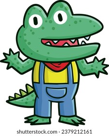 Funny green crocodile cartoon character in happy standing pose