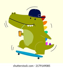 Funny green crocodile cartoon icon,character, hand drawn vector illustration.