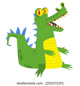 Funny caricatura de cocodrilo verde parado. Ilustración vectorial del diseño de caracter de lagarto para libros infantiles.