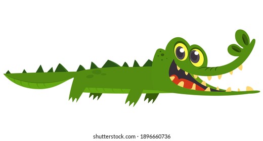 Graciosa caricatura de cocodrilo verde nadando. Libro de ilustraciones vectoriales para niños.