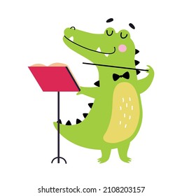 Gracioso personaje de cocodrilo verde en el empate de barro conduciendo con palo en la ilustración del vector de concierto