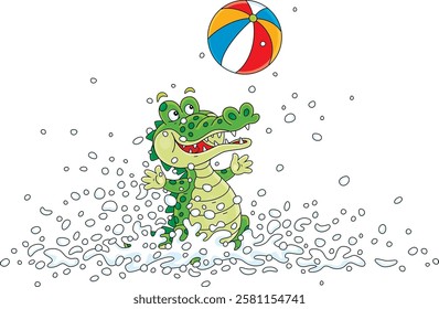 Funny green crocodile merrily playing a colorful striped ball and splashing in water on a summer beach, vector cartoon illustration on a white background