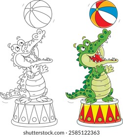 Funny green crocodile merrily playing and juggling a big colorful striped ball in a merry circus performance, color and black and white vector cartoon illustrations