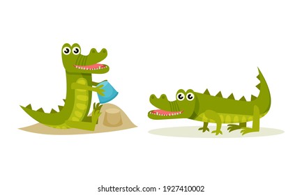 Funny Green Crocodile Playing in Sand and Standing Vector Set