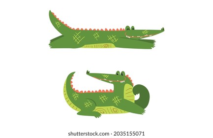 Funny Green Crocodile with Toothy Smile in Lying Pose Vector Set