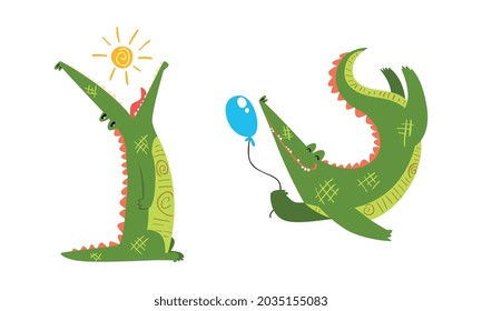 Funny Green Crocodile with Toothy Smile Holding Balloon and Swallowing Sun Vector Set