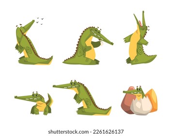 Funny Green Crocodile with Toothy Smile Engaged in Different Activity Vector Set