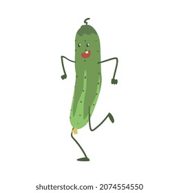 Funny Green Cucumber Character Dancing Moving Hand and Legs Vector Illustration