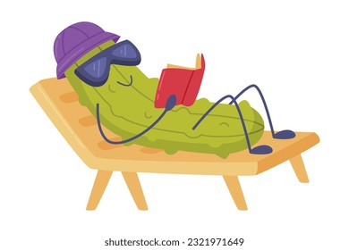 Funny Green Cucumber Character in Sunglasses Lying on Deckchair and Reading Book Vector Illustration