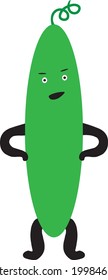 Funny green cucumber human standing with his arms akimbo. Colorful summer design. Vector illustration.