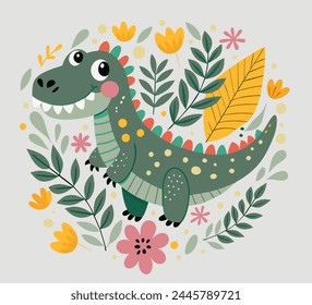 Dinosaurio verde divertido. Estegosaurio de dibujos animados sobre fondo de hojas y flores. Lindo dino. Una ilustración infantil.