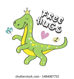 Funny Green Dinosaur And The Inscription Free Hugs On A White Background