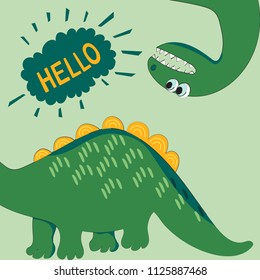 Funny green dinosaur looking for its tail. Dinosaur head and tail design for children's clothing, fabrics, cards and books, for comics