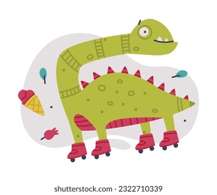 Funny Green Dinosaur Monster with Long Neck on Roller Skates Vector Illustration