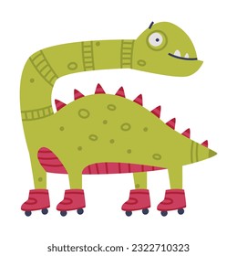 Funny Green Dinosaur Monster on Roller Skates Vector Illustration