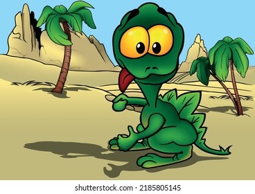 Funny Green Dinosaur with Tongue Out and Yellow Eyes from Profile - Colored Cartoon Illustration with Background, Vector