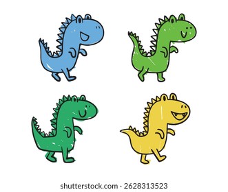 Funny green doodle hand drawn cartoon cute dinosaur set. Baby art, dinosaur with smile character. Vector illustration