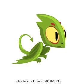 Funny green dragon with big eyes, head and long tail. Cartoon character of mythical creature. Flat vector design element for children's mobile or computer game