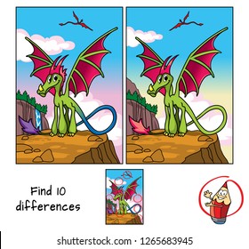 Funny green dragon. Find 10 differences. Educational matching game for children. Cartoon vector illustration