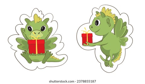 Funny green dragon gives a gift for the holiday. Two funny stickers for the year of the dragon, vector illustration.	