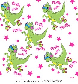 Funny green dragon in glasses, headphones and on rollers on a white background seamless pattern