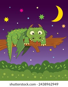 Funny green dragon lies on a tree branch