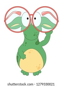 Funny green dragon looks through the big glasses. Digital cartoon illustration