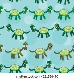 Funny green dragon on a blue background seamless pattern. vector