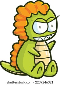 Funny green dragon with orange hair sitting happily. Have a sharp teeth and short tail.