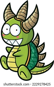 Funny green dragon with three horn cartoon illustration