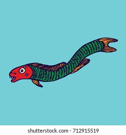 Funny green eel fish, hand drawn doodle color sketch in naïve, pop art style, vector illustration, isolated on blue