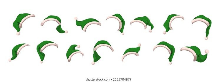 Funny green elves hats with pompoms flat color vector objects set. Christmas fairytale costumes caps illustrations bundle on white background