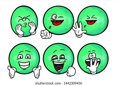 funny green emoticon. Set of emojis with various face expression. Vector Illustration Isolated On White Background