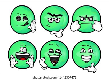 funny green emoticon. Set of emojis with various face expression. Vector Illustration Isolated On White Background