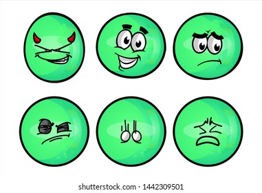 funny green emoticon. Set of emojis with various face expression. Vector Illustration Isolated On White Background