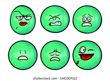 funny green emoticon. Set of emojis with various face expression. Vector Illustration Isolated On White Background