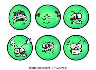 funny green emoticon. Set of emojis with various face expression. Vector Illustration Isolated On White Background
