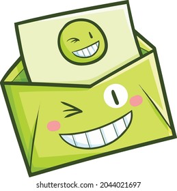 Funny green envelope character smiling happily