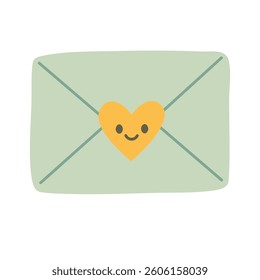 Funny green envelope with smiling yellow heart sticker in pastel cartoon style